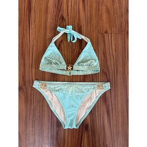 Vintage Y2K Victoria's Secret bikini mint green with gold metallic star Sz large